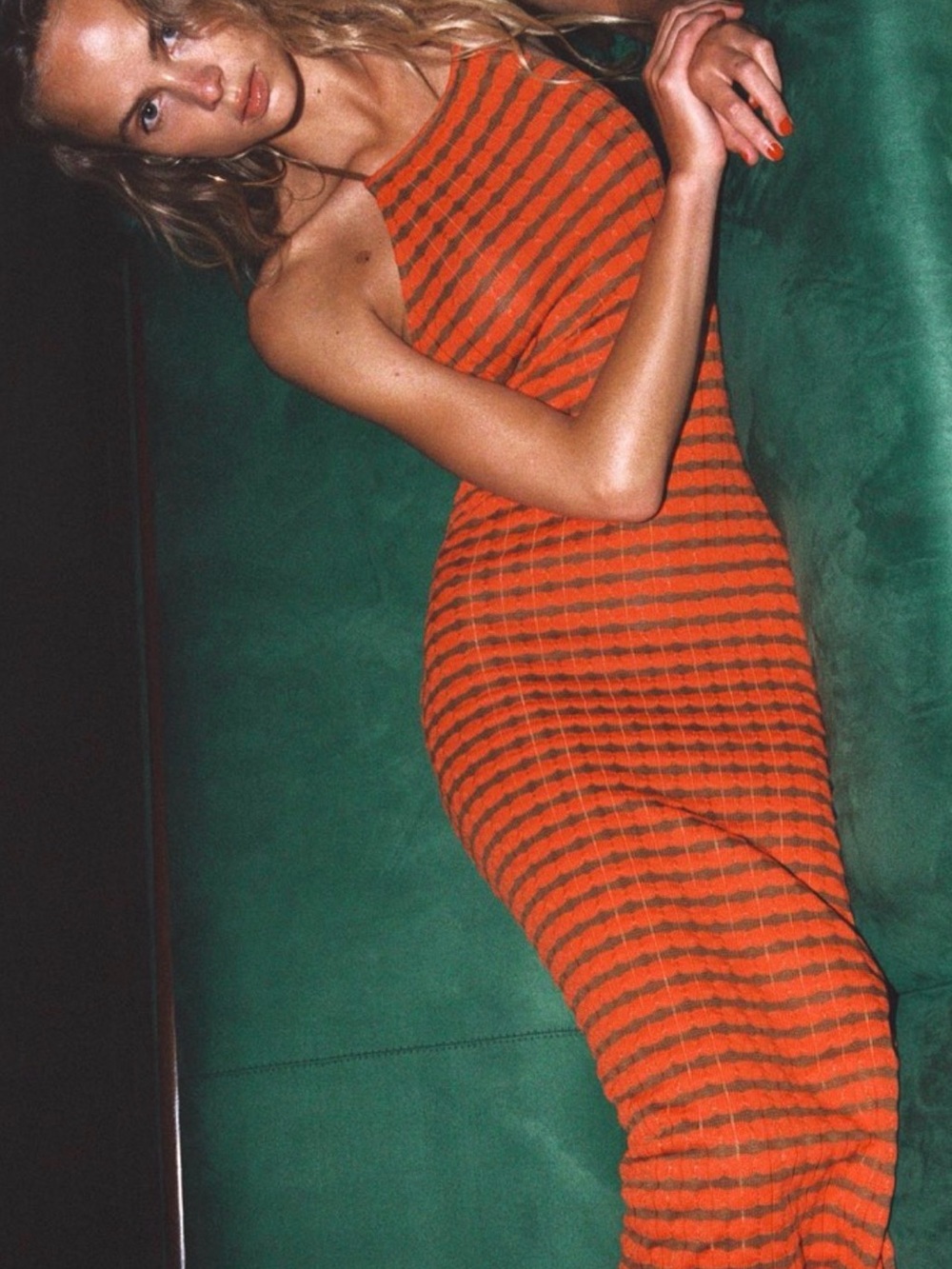 Zara. Striped Orange Halter Midi Dress